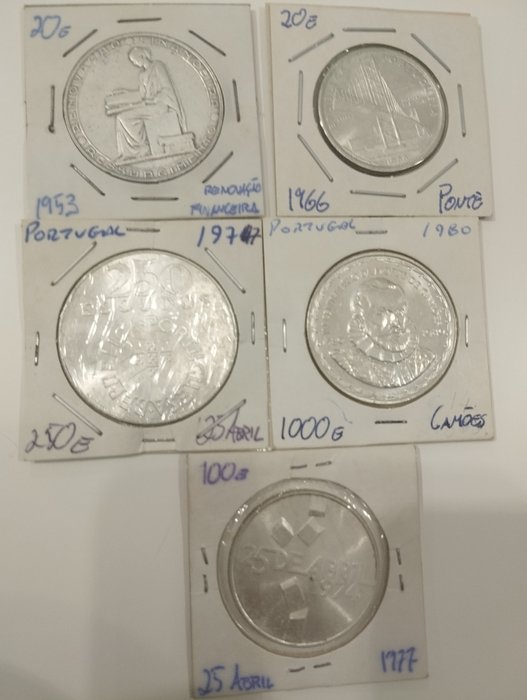 Portugal. Republic. 20 + 100 + 250+ 1000 Escudos Colection of portuguese silver commemorative coins. Total 88 g  (Ingen mindstepris)