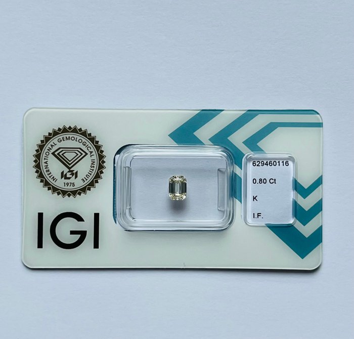 1 pcs Diamant  (Natur)  - 0.80 ct - Smaragd - K - IF - International Gemological Institute (IGI)