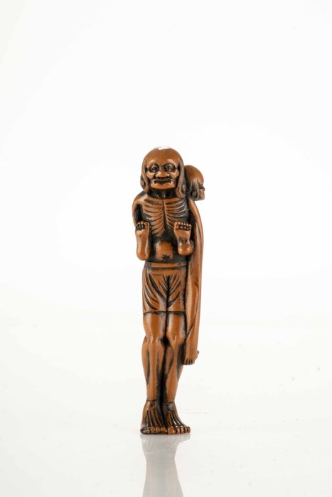 En stor, usædvanlig buksbom netsuke, der forestiller Ashinaga, der bærer Tenaga - Japan - Edo-perioden (1600-1868)