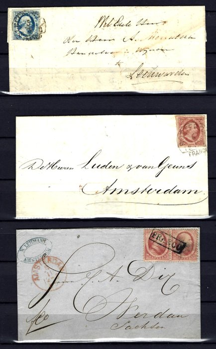 Holland 1852/1864 - Meget flotte kuverter med første nummer Kong Willem III NVPH 1 og 2 og NVPH 4 i et par.