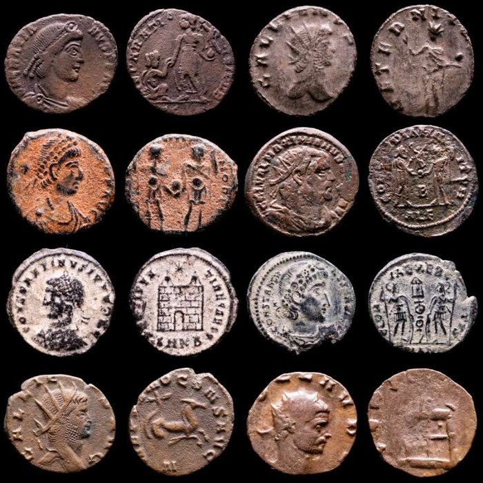 Romarriket. Lot comprising eight (8) AE coins:  Antoninianus, Follis, Maiorinas. Antoninianus, Follis, Maiorinas. Gratian, Gallienus (2), Claudius II, Constans, Constantine II, Maximianus  Constantius II  (Ingen mindstepris)