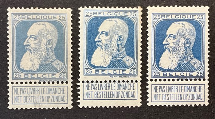 Belgien 1905 - Edition Coarse Beard - 25c Blue i 3 distinkte nuancer - OBP 76, 76a, 76b