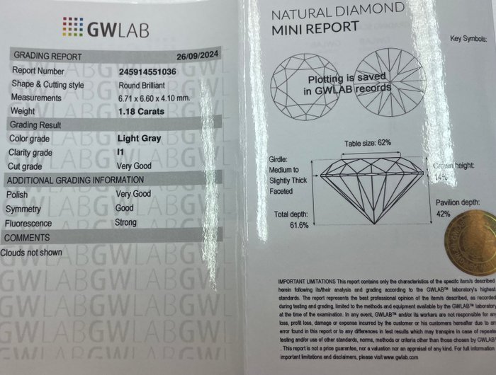 Ingen mindstepris - 1 pcs Diamant  (Naturfarvet)  - 1.18 ct - Rund - Light Grå - I1 - Gemewizard Gemological Laboratory (GWLab)