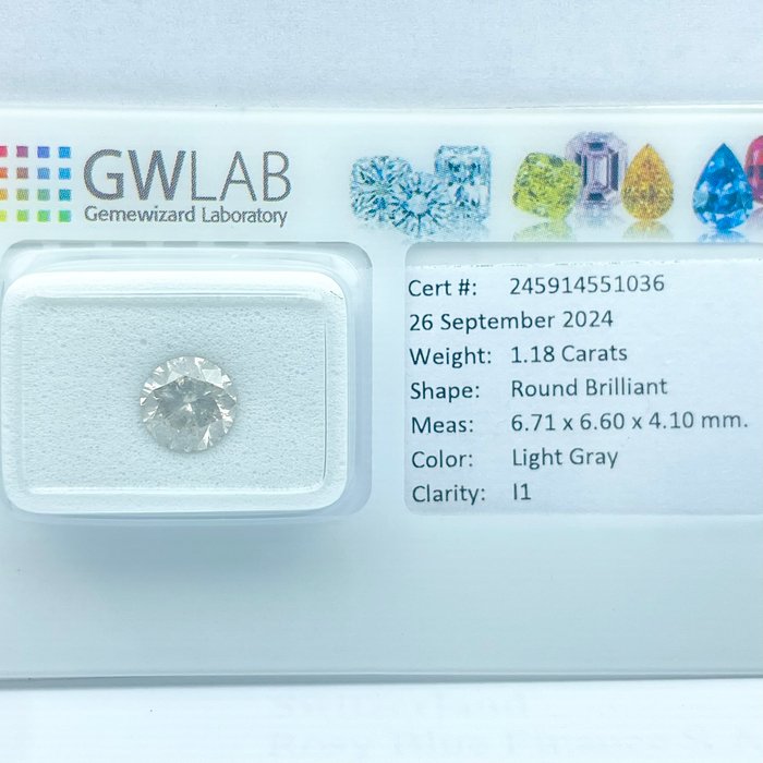 Ingen mindstepris - 1 pcs Diamant  (Naturfarvet)  - 1.18 ct - Rund - Light Grå - I1 - Gemewizard Gemological Laboratory (GWLab)