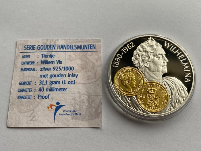 Hollandske Antiller. 10 Gulden 2001 (Proof) Handelsmunt 'Wilhelmina' zilver met gouden inlay  (Ingen mindstepris)