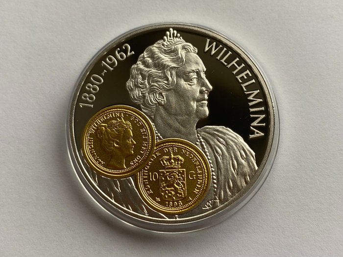 Hollandske Antiller. 10 Gulden 2001 (Proof) Handelsmunt 'Wilhelmina' zilver met gouden inlay  (Ingen mindstepris)