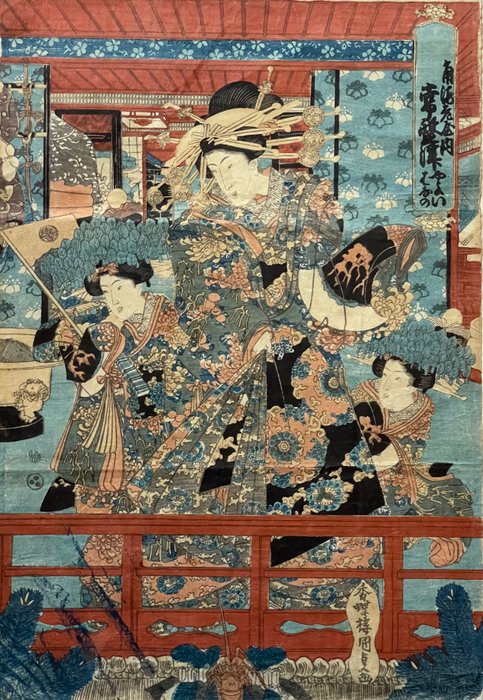 Oiran Tokiwazu 常磐津 mit zwei Kamuro Yayoi und Hanano - Utagawa Kunisada II (1823-80) - Japan -  Midten af Edo-perioden