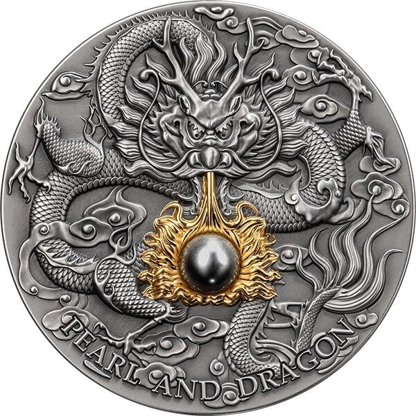 Niue. 5 Dollars 2023 Black Pearl and Dragon Divine Pearls Antique finish Silver Coin 2 oz (.999)