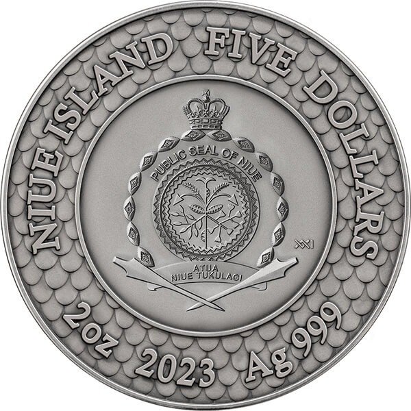 Niue. 5 Dollars 2023 Black Pearl and Dragon Divine Pearls Antique finish Silver Coin 2 oz (.999)