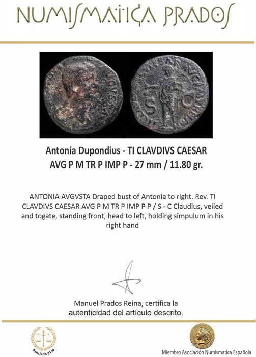 Romarriket. Antonia. Dupondius TI CLAVDIVS CAESAR AVG P M TR P IMP P  (Ingen mindstepris)