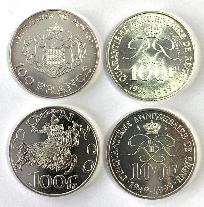 Monaco. 100 Francs 1982/1999 (lot de 4 monnaies commémoratives)  (Ingen mindstepris)