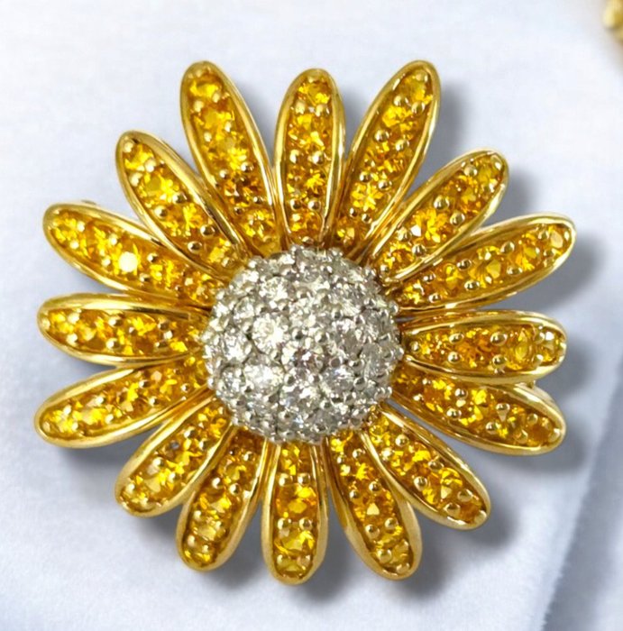 Broche - 18 kraat Gulguld, 18 k guld platin diamant  gul safir blomst broche Pin Diamant (Natur)