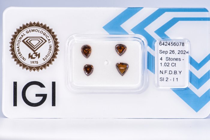 Ingen mindstepris - 4 pcs Diamant  (Naturfarvet)  - 1.02 ct - Pære - Fancy deep Brun Gul - I1, SI2 - International Gemological Institute (IGI)