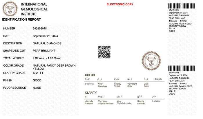 Ingen mindstepris - 4 pcs Diamant  (Naturfarvet)  - 1.02 ct - Pære - Fancy deep Brun Gul - I1, SI2 - International Gemological Institute (IGI)