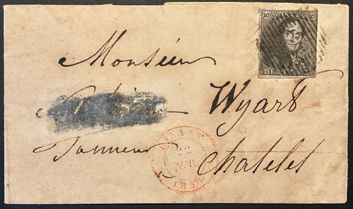 Belgien 1849/1850 - Epaulet 1 - 10c Brun - på brev med indhold P33 DINANT à CHATELET - 22/04/1850 - OBP 1