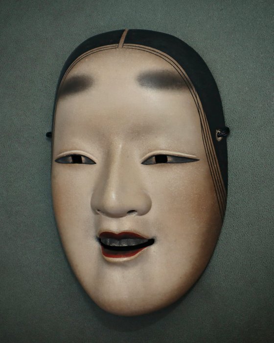 Beautiful Japan Wooden Noh Mask of Magojirō 能面 孫次郎 (with box and bag) - Skulptur Træ - Japan  (Ingen mindstepris)