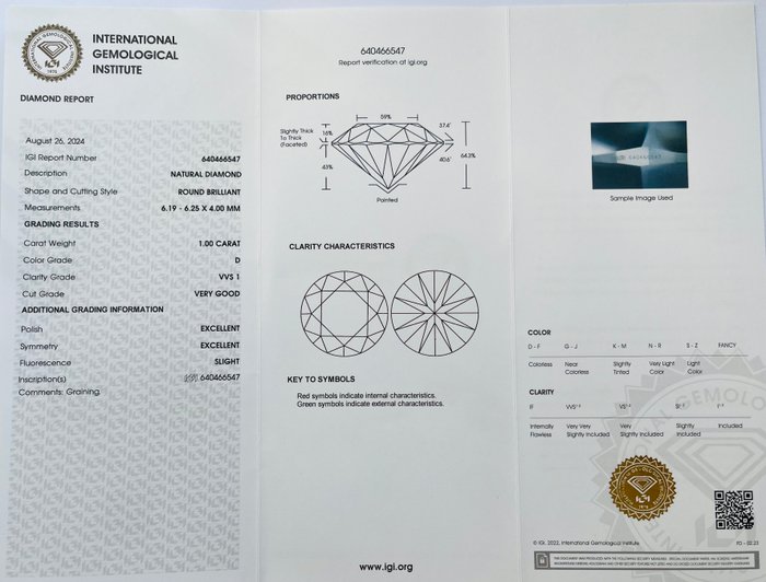 1 pcs Diamant  (Natur)  - 1.00 ct - Rund - D (farveløs) - VVS1 - International Gemological Institute (IGI) - *VG EX EX SL*