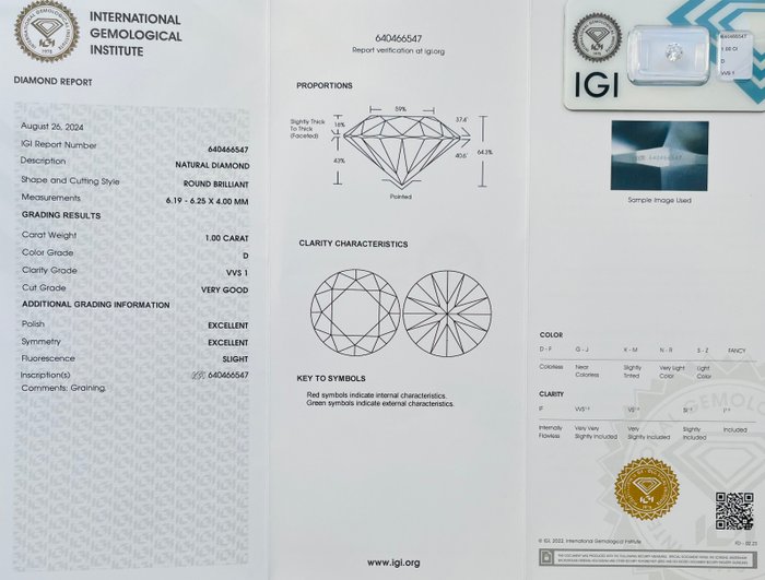 1 pcs Diamant  (Natur)  - 1.00 ct - Rund - D (farveløs) - VVS1 - International Gemological Institute (IGI) - *VG EX EX SL*