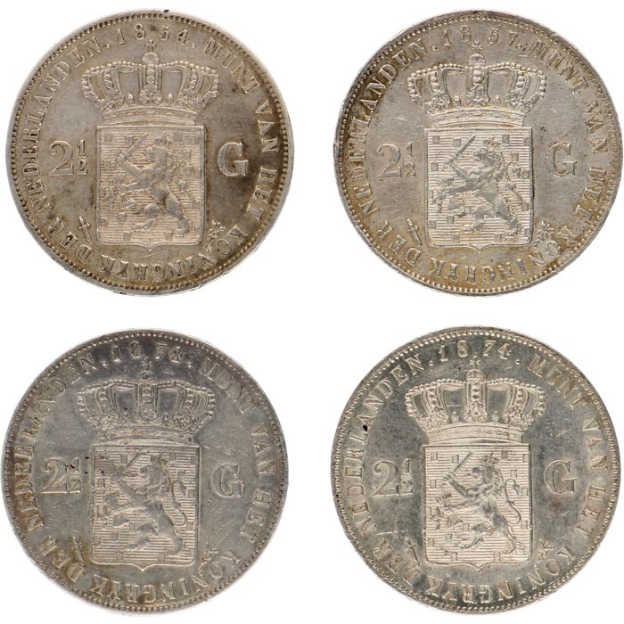 Holland. Willem III (1849-1890). 2½ Gulden 1854/1874 (4 stuks)  (Ingen mindstepris)