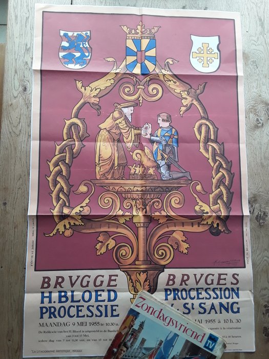 Rob Coppieters t Wallant - Print affiche Heilige bloedprocessie Brugge 1955 met Origineel tijdschrift en artikel 1963 - 1960‹erne