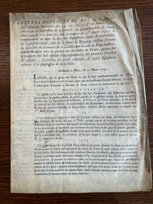 Louis XVI [secrétaire] - Lettres patentes signées relatives à la suppression  de la gabelle - 1790