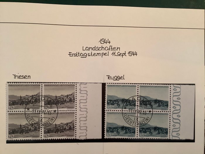 Liechtenstein 1944 - Landskaber i blokke af fire med førstedagsstempel - Michel 224/237