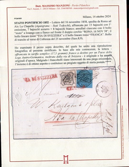 Antikke Italienske Stater - Kirkestaten 1852 - Postforhold mellem pavestaterne og de tyske stater. - Sassone 8+9.