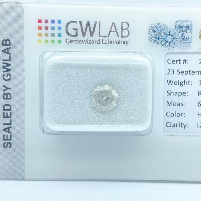 Ingen mindstepris - 1 pcs Diamant  (Natur)  - 1.01 ct - Rund - H - I2 - Gemewizard Gemological Laboratory (GWLab)