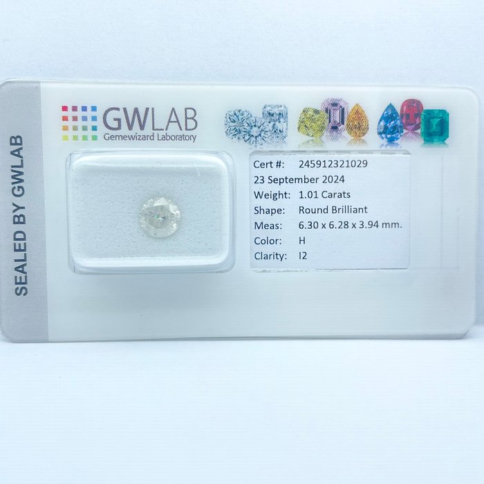 Ingen mindstepris - 1 pcs Diamant  (Natur)  - 1.01 ct - Rund - H - I2 - Gemewizard Gemological Laboratory (GWLab)