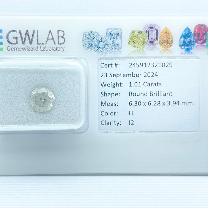 Ingen mindstepris - 1 pcs Diamant  (Natur)  - 1.01 ct - Rund - H - I2 - Gemewizard Gemological Laboratory (GWLab)