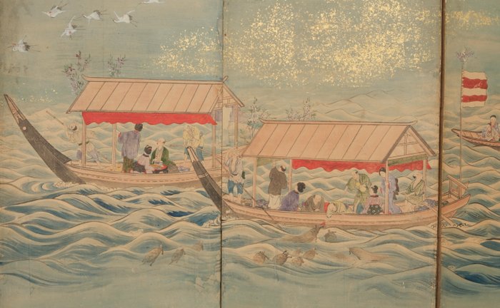 Byôbu 屏風 (foldeskærm) - Bladguld, lakeret træ, silke - Japan - 1800-tallet (sen Edo-periode/tidlig Meiji-periode)