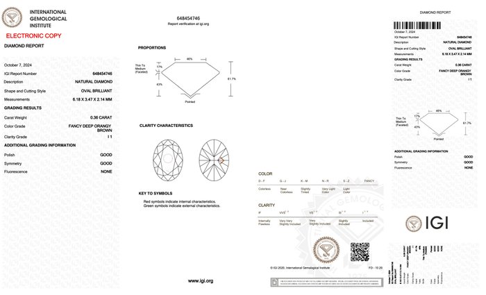 Ingen mindstepris - 1 pcs Diamant  (Naturfarvet)  - 0.36 ct - Oval - Fancy deep Orange nuance Brun - I1 - International Gemological Institute (IGI)