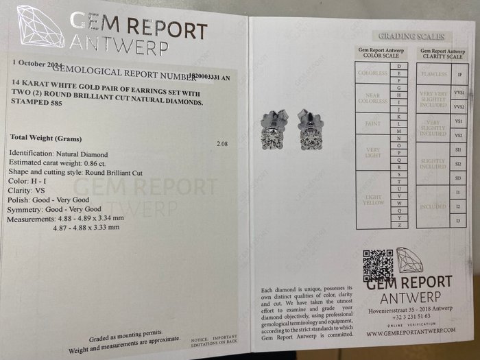 Ørestikkere - 14 karat Hvidguld -  0.86ct. tw. Diamant (Natur)