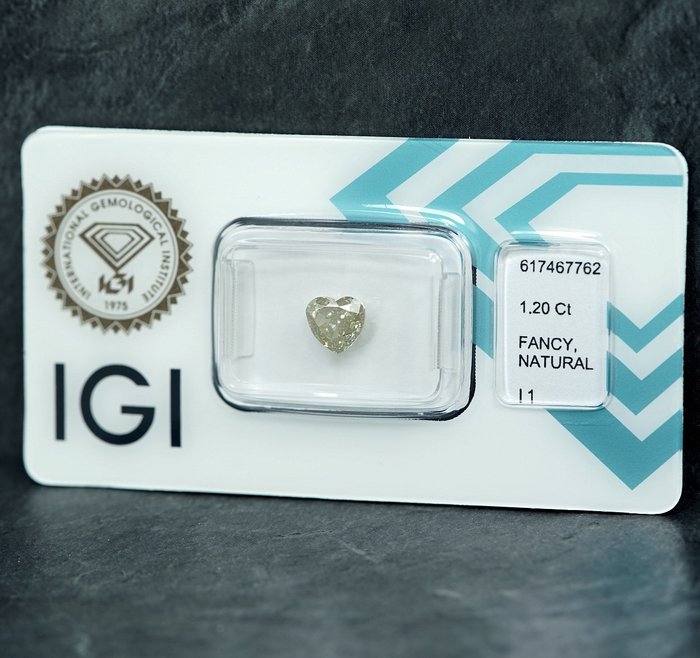 1 pcs Diamant  (Naturfarvet)  - 1.20 ct - Fancy light Grålig Gul - I1 - International Gemological Institute (IGI)