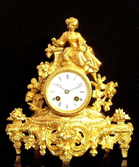 Kartelur - 19th Century - France "Animal Romantic clock"  Elegant Table or mantel clock watchmaker "JAPY' -  Antik guld metal - 1850-1900