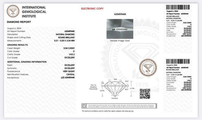 Ingen mindstepris - 1 pcs Diamant  (Natur)  - 0.54 ct - Rund - D (farveløs) - VVS2 - International Gemological Institute (IGI) - *3EX* *VSL*