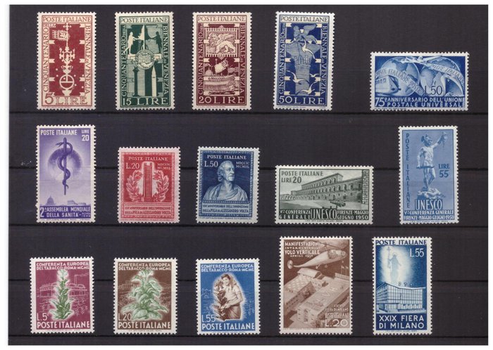 Den Italienske Republik 1949/1951 - Blok med frimærker fra den italienske republik i komplette sæt MNH** - Sassone S137599607S139S140S143S146S145S147S148