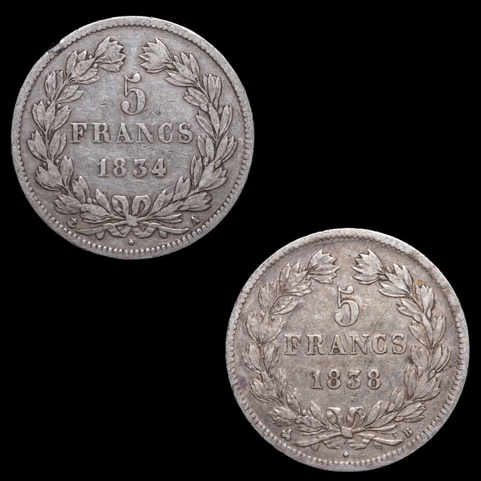 Frankrig. Ludvig-Filip 1. (1830-1848). 5 Francs 1834-A y 1838-B (2 monedas)  (Ingen mindstepris)