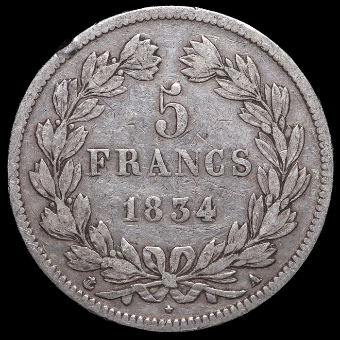 Frankrig. Ludvig-Filip 1. (1830-1848). 5 Francs 1834-A y 1838-B (2 monedas)  (Ingen mindstepris)