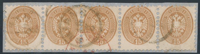 Italienske Antikke Stater - Lombardiet-Venetien  - 15 sek. tandbrun 9 1/2 i vandret stribe af 5 på lille fragment. Caffaz. - Sassone n. 45