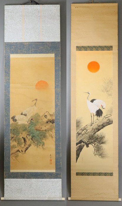 Twin Cranes Hanging Scrolls Signeret Keisui 渓水 og Shōdō 蕉堂 - Sæt med 2 - Silke - Japan - Shōwa-periode (1926-1989)