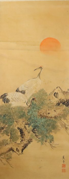 Twin Cranes Hanging Scrolls Signeret Keisui 渓水 og Shōdō 蕉堂 - Sæt med 2 - Silke - Japan - Shōwa-periode (1926-1989)