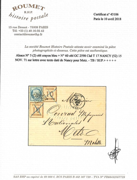 Frankrig 1870 - Enestående dobbeltfrankering Frankrig Alsace Lorraine - Yvert et Tellier n°30 + alsace lorraine n°5