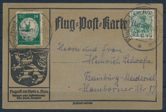 Tyske Kejserrige 1912 - Rhein-Main luftpost 30 Pf enkelt frankering på luftpostkort, stempel Darmstadt 21/06/12 - Michel Nr. III