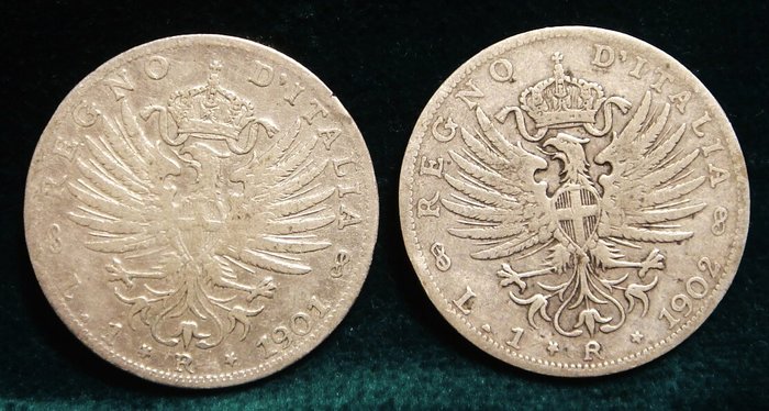 Italien, Kongerig Vittorio Emanuele III. 1 Lira "Aquila Sabauda" 1901/1907 (4 monete)  (Ingen mindstepris)