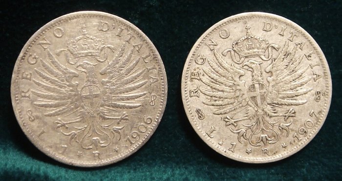 Italien, Kongerig Vittorio Emanuele III. 1 Lira "Aquila Sabauda" 1901/1907 (4 monete)  (Ingen mindstepris)