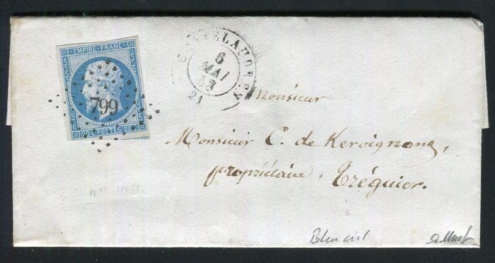 Frankrig 1858 - Belle lettre de Casteldren pour Tréguier avec un n° 14A Bleu Ciel