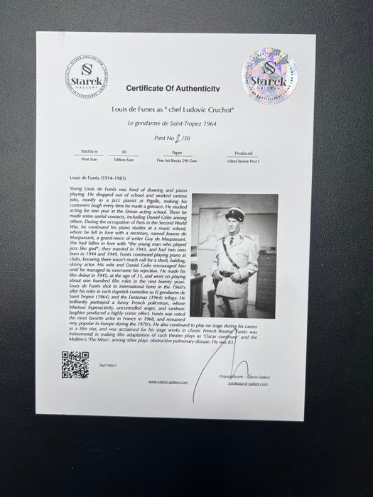 Le gendarme de Saint-Tropez 1964 - Louis de Funes as " chef Ludovic Cruchot" - Fine Art Photography - Luxury Wooden Framed 70X50 cm - Limited Edition Nr 01 of 30 - Serial ID 19057 - Original Certificate (COA), Hologram Logo Editor and QR Code - 100% New items.