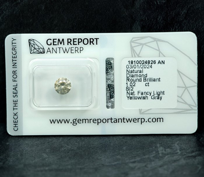 1 pcs Diamant  (Naturfarvet)  - 1.02 ct - Fancy light Gullig Grå - SI2 - Gem Report Antwerp (GRA)