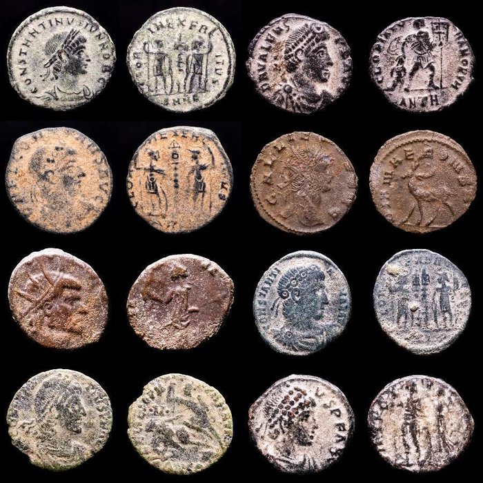 Romarriket. Lot comprising eight (8) coins: III-IV centuries AD.. Antoninianus, Follis, Maiorinas. Constantine II, Valens, Constans (2), Gallienus, Claudius II, Constantius II  Constantine I  (Ingen mindstepris)